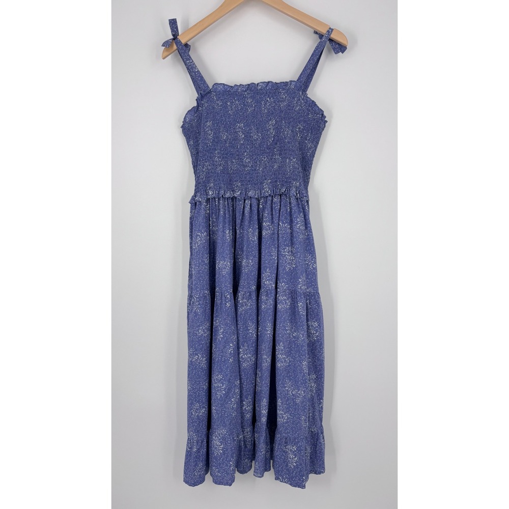 April Cornell Smocked Dress Womens Small Blue Floral Midi Sun Dress Boho